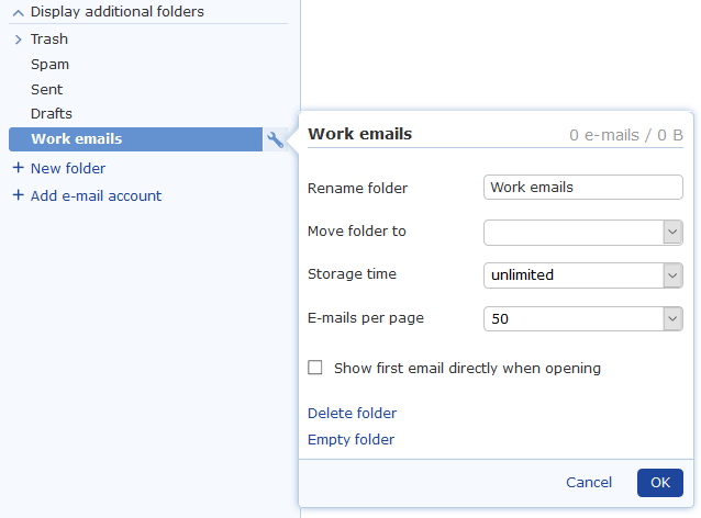 Screenshot of email folder settings in mail.com inbox 